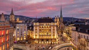 Zurich luxury city skyline at sunset